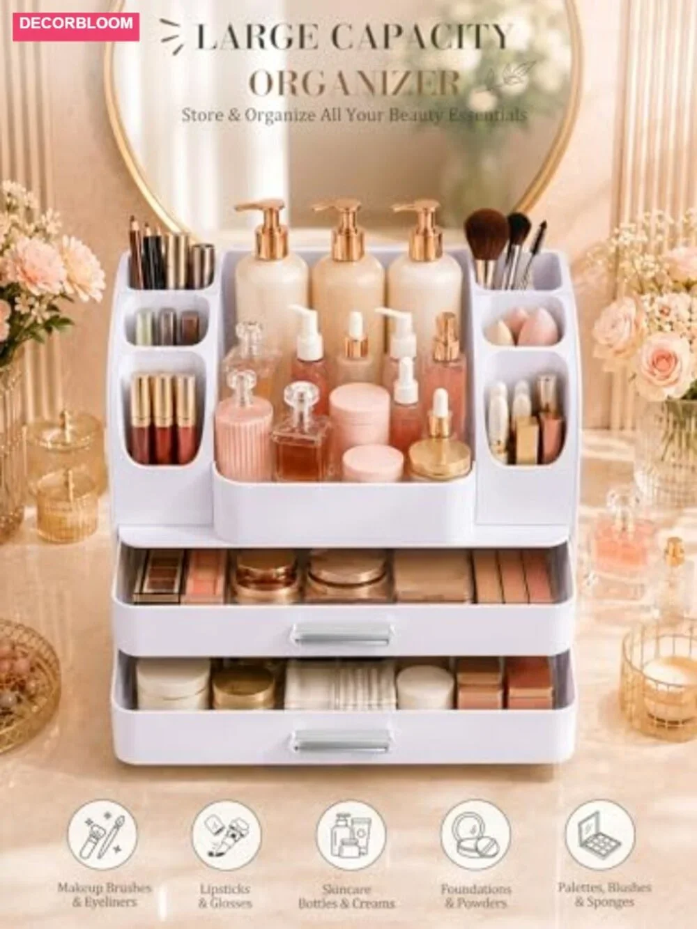 Large Makeup Organizer Countertop with Drawers and Brush Holders